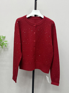 圆领重工烫钻软糯羊毛针织开衫女2025秋冬新款百搭毛衣外套26712X