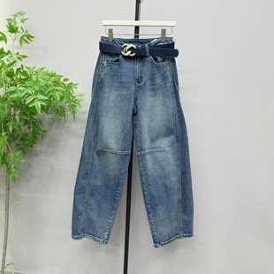 2072M 百搭阔腿长裤 植绒弹力宽松牛仔弯刀裤 女2025冬高腰拼接时尚