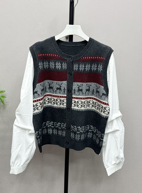 衬衫袖拼接马甲假两件开衫毛衣2026春新款设计感针织衫上衣68212H