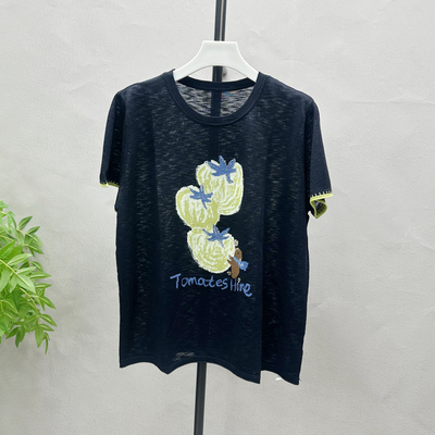 重工刺绣番茄印花针织T恤女撞色包边设计感夏季休闲显瘦上衣1273H