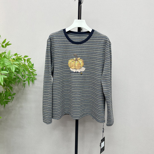 欧洲站2025秋款条纹宽松休闲南瓜印花长袖圆领T恤打底衫女25373X