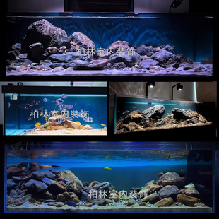 鱼缸背景贴纸草缸七彩鱼三湖慈鲷蓝色渐变贴画造景壁纸正面带胶