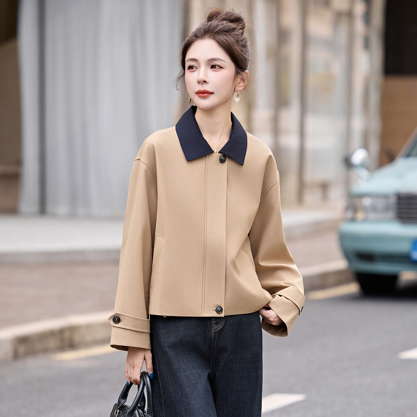 小个子超好看短款拼接卡其色外套女宽松显瘦春季新款休闲夹克上衣,女装/女士精品,常规大码外套,淘宝优惠券,粉丝福利购,淘宝优惠卷