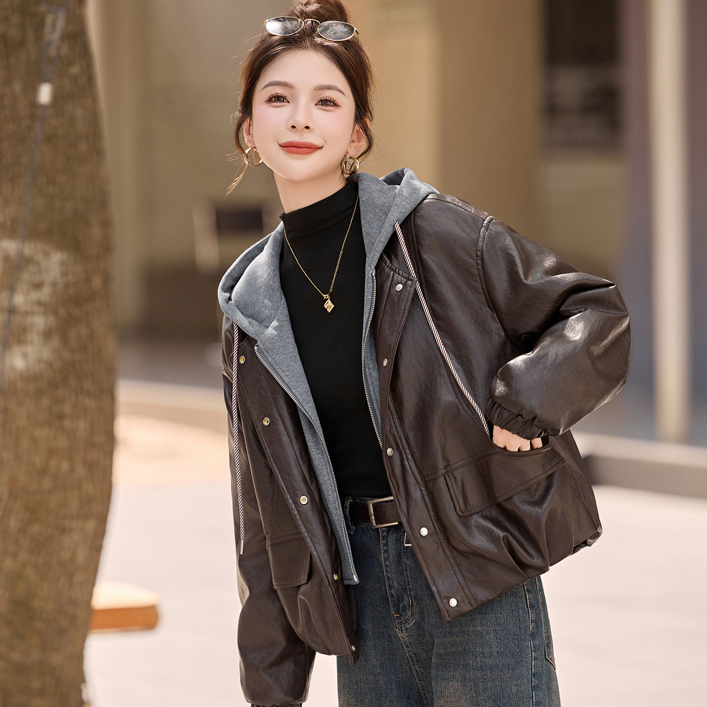 韩版假两件连帽加绒皮衣外套女