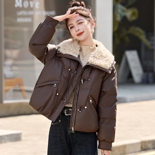 胖MM时尚 大码 新款 冬装 翻领白鸭绒保暖皮衣外套 皮面羽绒服女短款