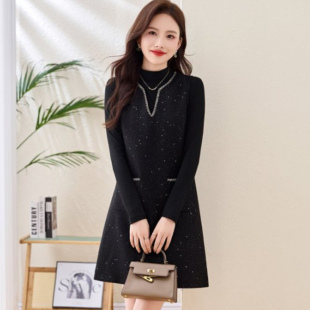 小香风黑色亮片中长款 背心连衣裙女春秋高级感两件套裙子 V领无袖