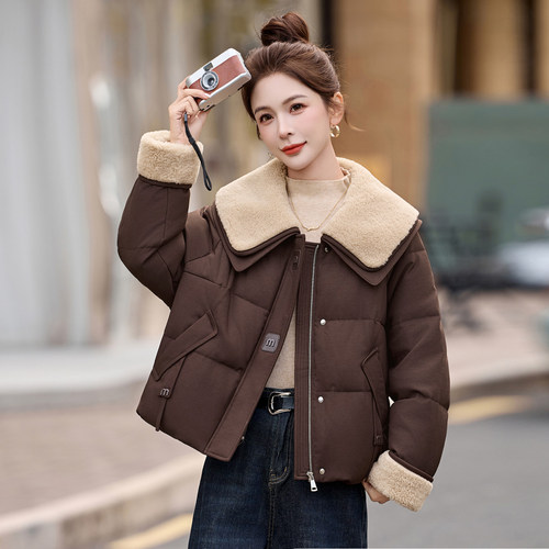 大码女装时尚翻领羽绒服女短款冬季新款胖MM加厚保暖白鸭绒外套