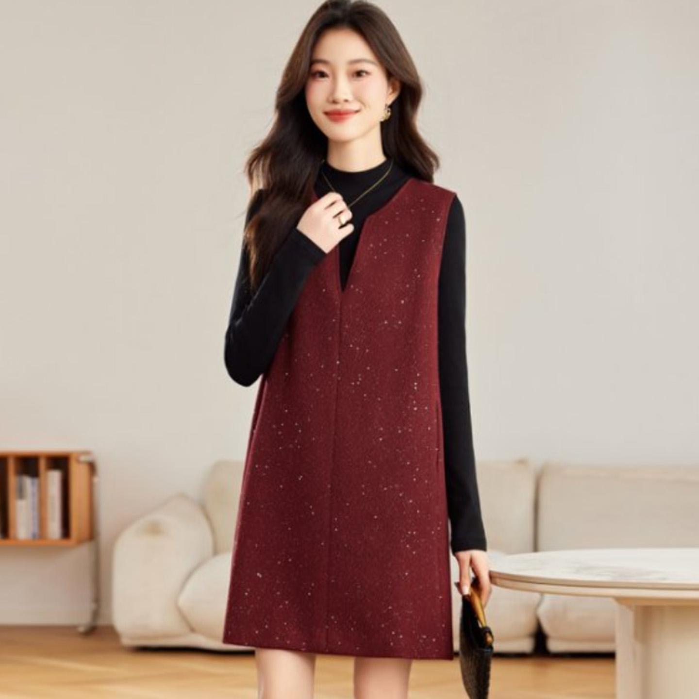 轻奢小香风连衣裙女红色背心裙