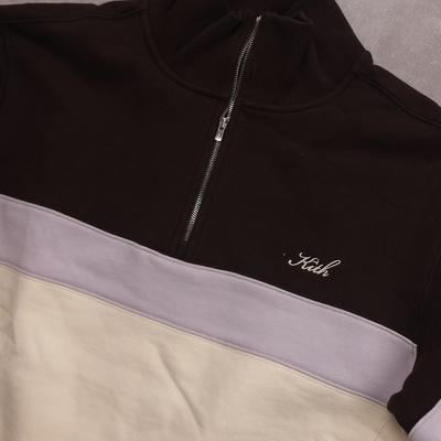 kith复古半拉链条纹拼接拼色手写刺绣经典字母标志女款套头卫衣