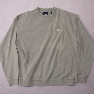 kith军绿色经典 刺绣字母标志圆领水洗做旧套头卫衣