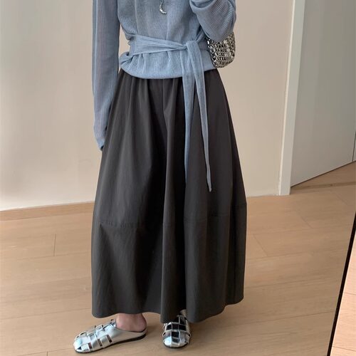 慵懒风松紧高腰花苞半裙女秋款