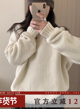 纯色简约设计感套头毛衣女2025冬季新款休闲百搭宽松显瘦圆领上衣