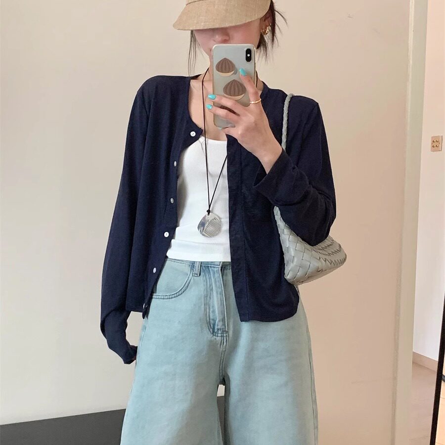 韩版天丝棉长袖防晒衬衫女2026夏季新款时尚百搭圆领薄款开衫上衣