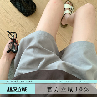 松紧腰棉麻直筒短裤 新款 韩版 2025夏季 宽松显瘦休闲百搭薄款 阔腿裤