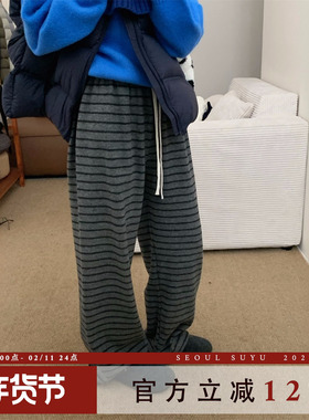 设计感条纹撞色加绒直筒裤女2025秋冬新款宽松休闲长裤百搭阔腿裤
