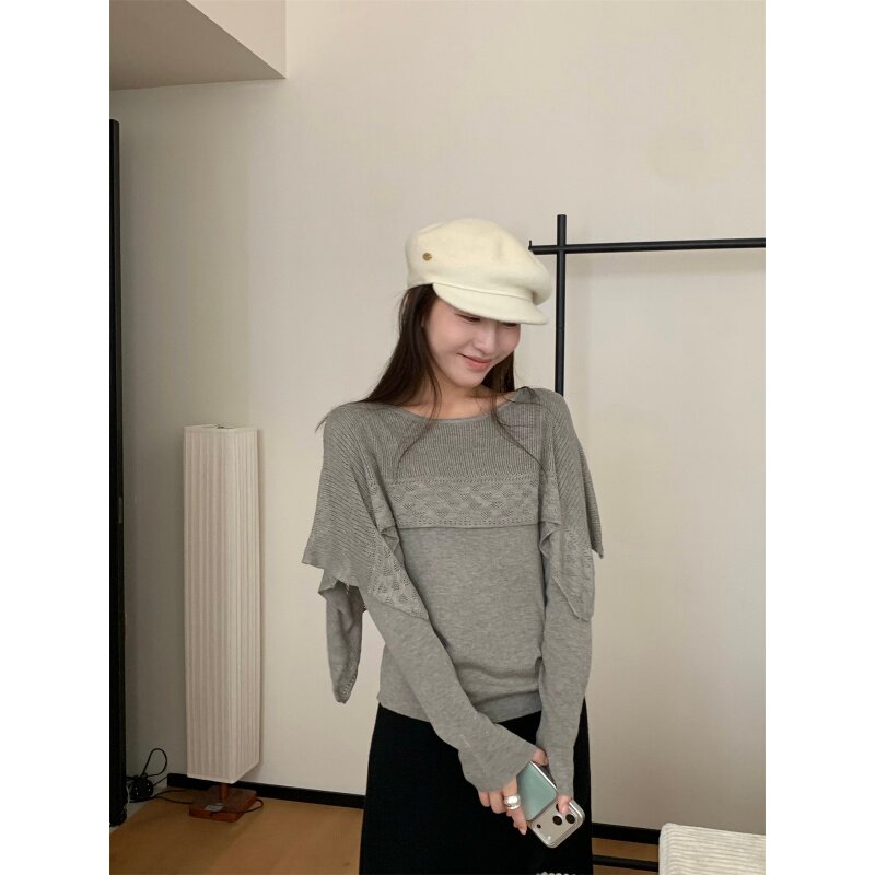 韩系假两件披肩针织衫女图片