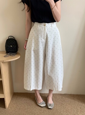 韩系白色甜美后松紧九分波点裤女2026夏季新款宽松休闲阔腿裤子