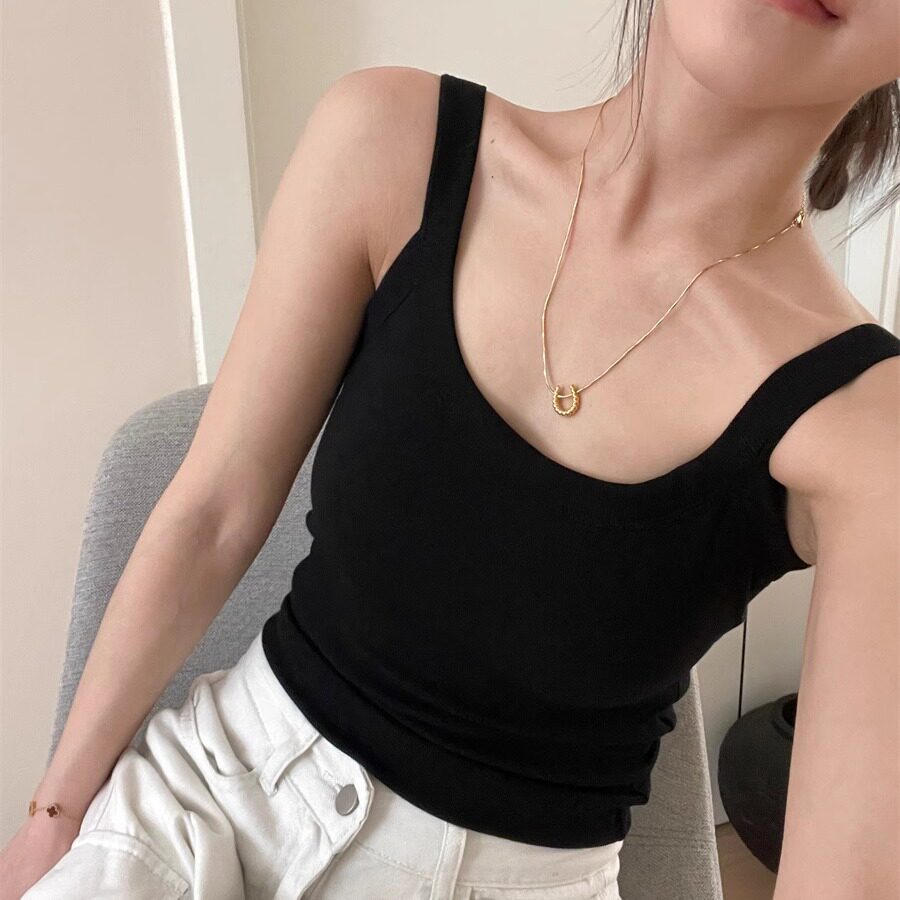 韩版百搭美背一体杯胸垫吊带背心女夏季款防走光显瘦其实打底上衣