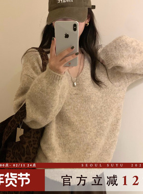 韩版休闲减龄v领宽松套头上衣女2025秋季新款慵懒风软糯温柔毛衣