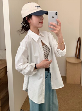 韩系松弛感白色长袖衬衫女2026新款宽松显瘦通勤百搭纯色翻领上衣