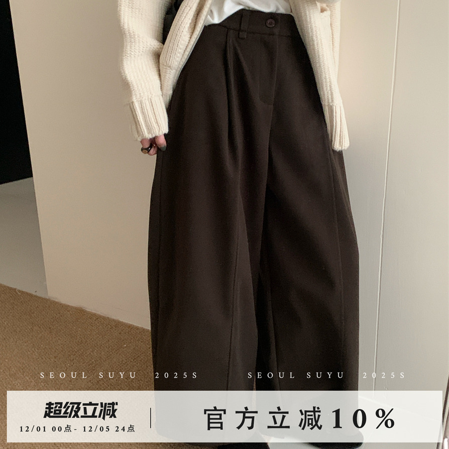 韩版垂感显瘦后松紧呢料直筒裤女