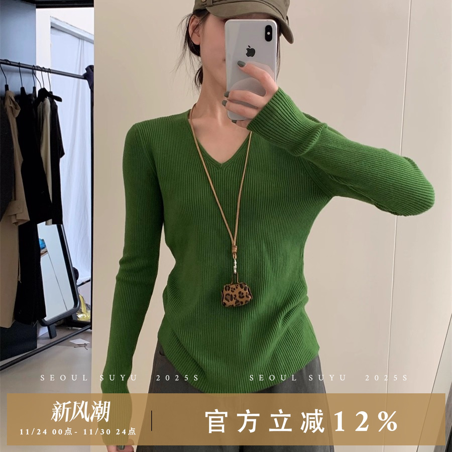 时尚简约纯色v领套头打底衫女