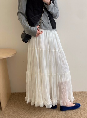 韩系温柔风褶皱雪纺半身裙女2026春新款垂感显瘦伞裙a字网纱长裙