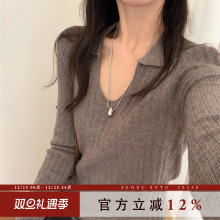 韩系休闲风翻领设计感针织衫女2025秋季新款百搭内搭打底套头上衣