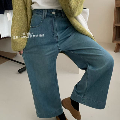 韩版植绒九分直筒牛仔裤
