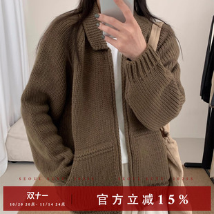 新款 上衣女2025秋季 宽松显瘦慵懒百搭外套 设计感粗针翻领开衫 韩版