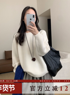 韩系休闲风加厚圆领套头上衣女2025秋冬新款简约纯色通勤百搭毛衣