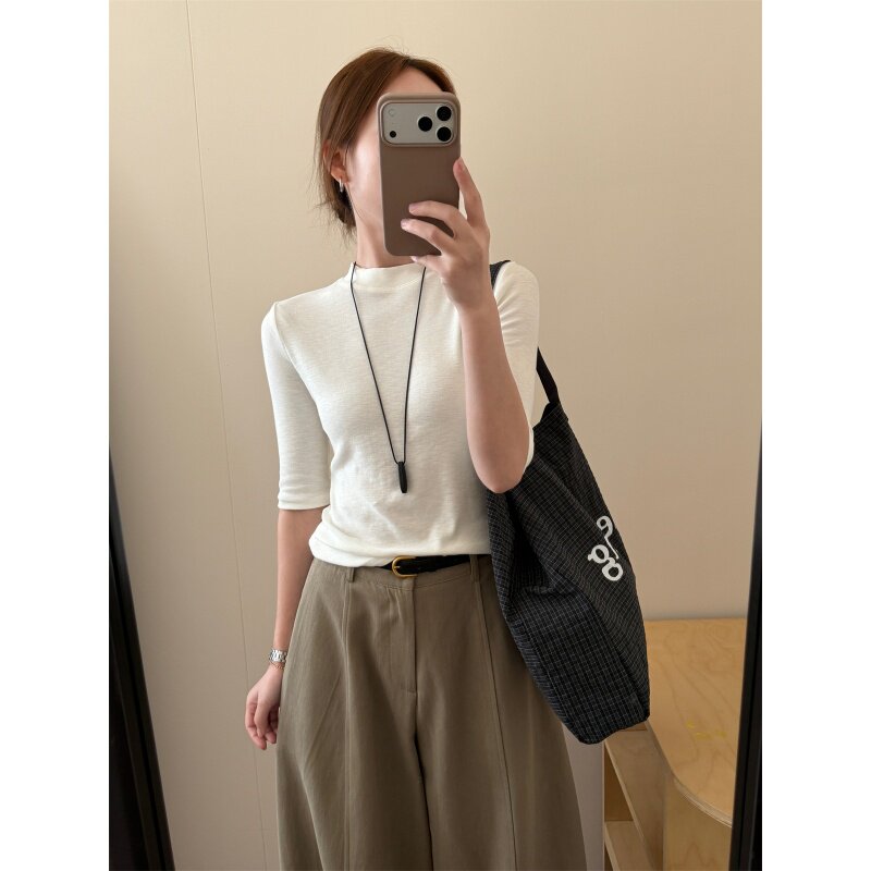 韩系简约内搭立领五分袖弹力T恤女2026秋季新款修身显瘦打底衫