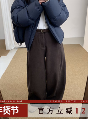 韩版卷边设计感加绒腰带休闲裤女2025秋冬新款百搭垂坠感显瘦长裤