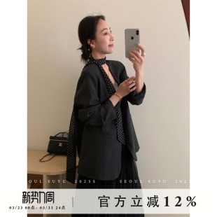 气质简约通勤百搭上衣 新款 高级感v领丝巾垫肩西装 外套女2026春季