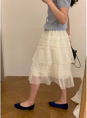 韩系温柔风六分蛋糕半身裙女2026春季新款设计感网纱垂感显瘦长裙