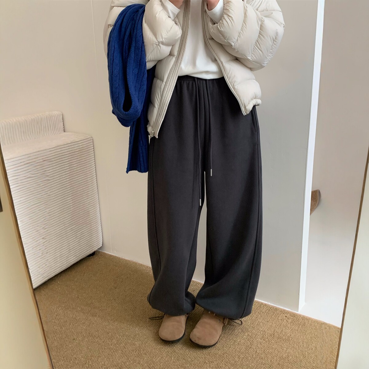 韩版休闲百搭加绒加厚直筒卫裤女2025秋冬新款抽绳松紧腰阔腿长裤