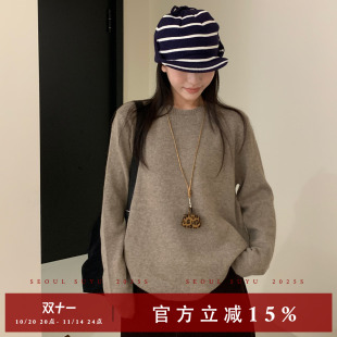 女2025秋新款 针织衫 百搭套头毛衣圆领上衣 简约纯色浣熊绒长袖 时尚