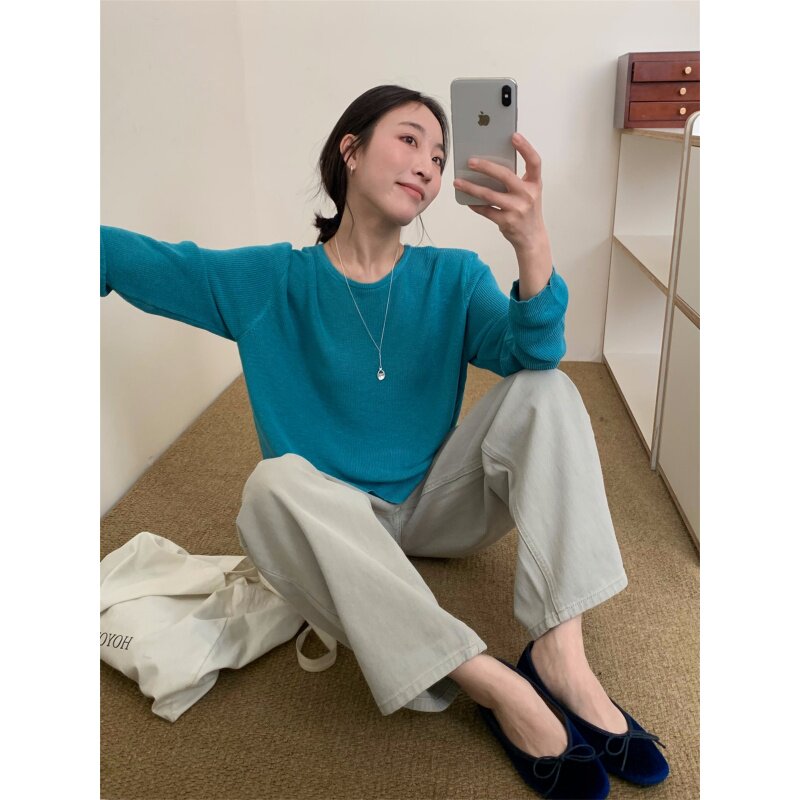 韩系休闲风曲麻针织长袖T恤女2026春季新款简约纯色百搭套头上衣