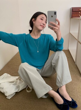 韩系休闲风曲麻针织长袖T恤女2026春季新款简约纯色百搭套头上衣