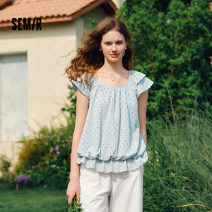 森马短袖衬衫女短款U领拼接波点绣花2025夏新款飞袖花苞上衣甜美