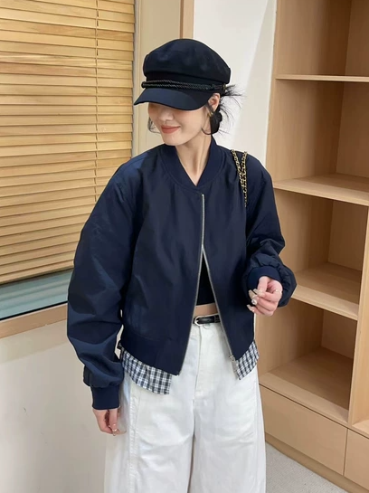 2025秋季新款韩版设计感 假两件格纹拼接夹克女宽松显瘦百搭上衣
