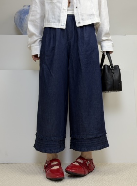 韩版百搭木耳边高腰牛仔裤女春夏新款宽松显瘦休闲阔腿裤潮 57017