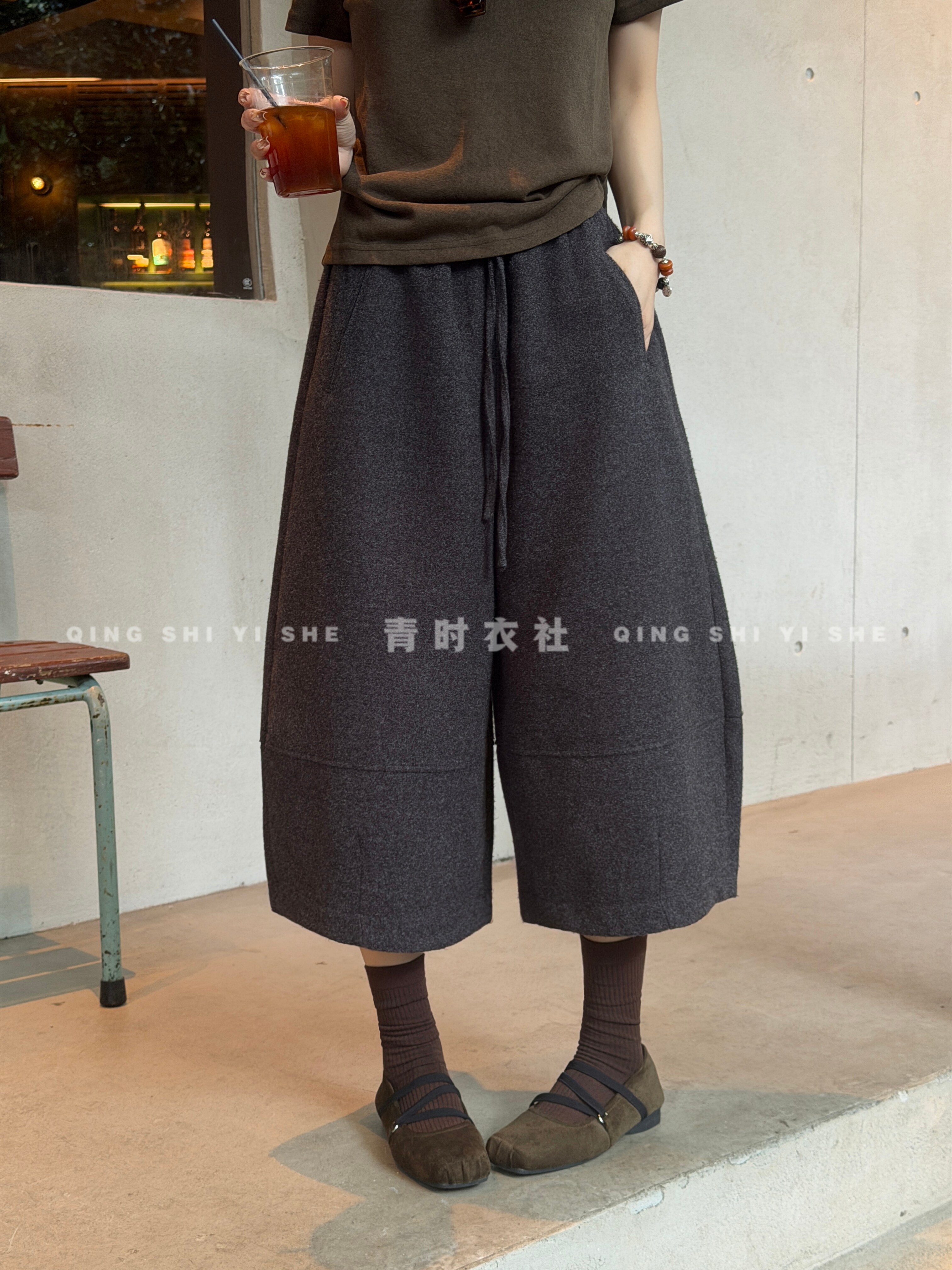 KK97071秋冬高腰抽绳七分阔腿裤