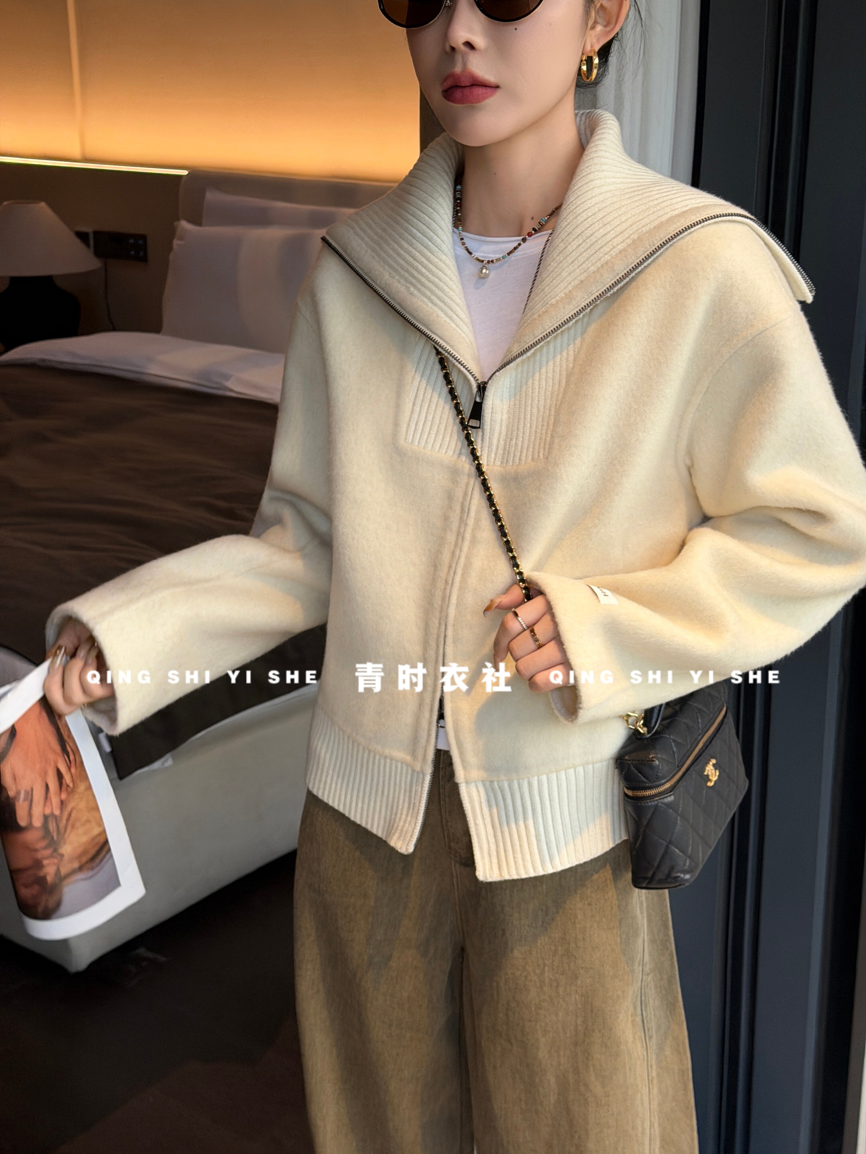 K6030 大翻领拉链双面羊毛外套女秋冬新款百搭显瘦小个子毛呢大衣