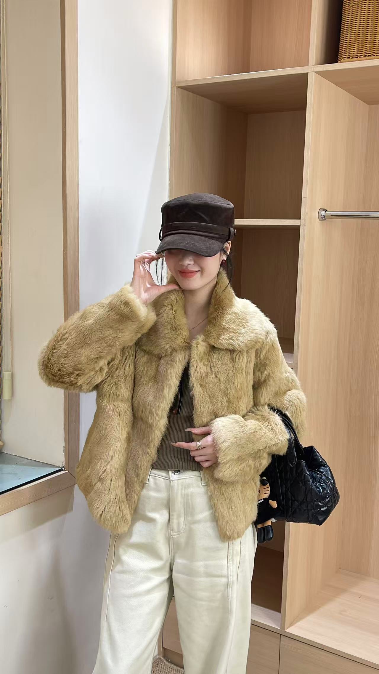 韩版翻领兔毛皮草外套女冬季新款高级感皮毛一体毛毛短款上衣5833