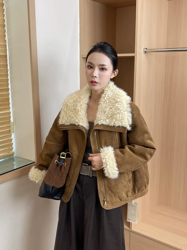 韩版百搭宽松皮毛一体外套女冬季新款加绒加厚短款毛毛上衣 27650
