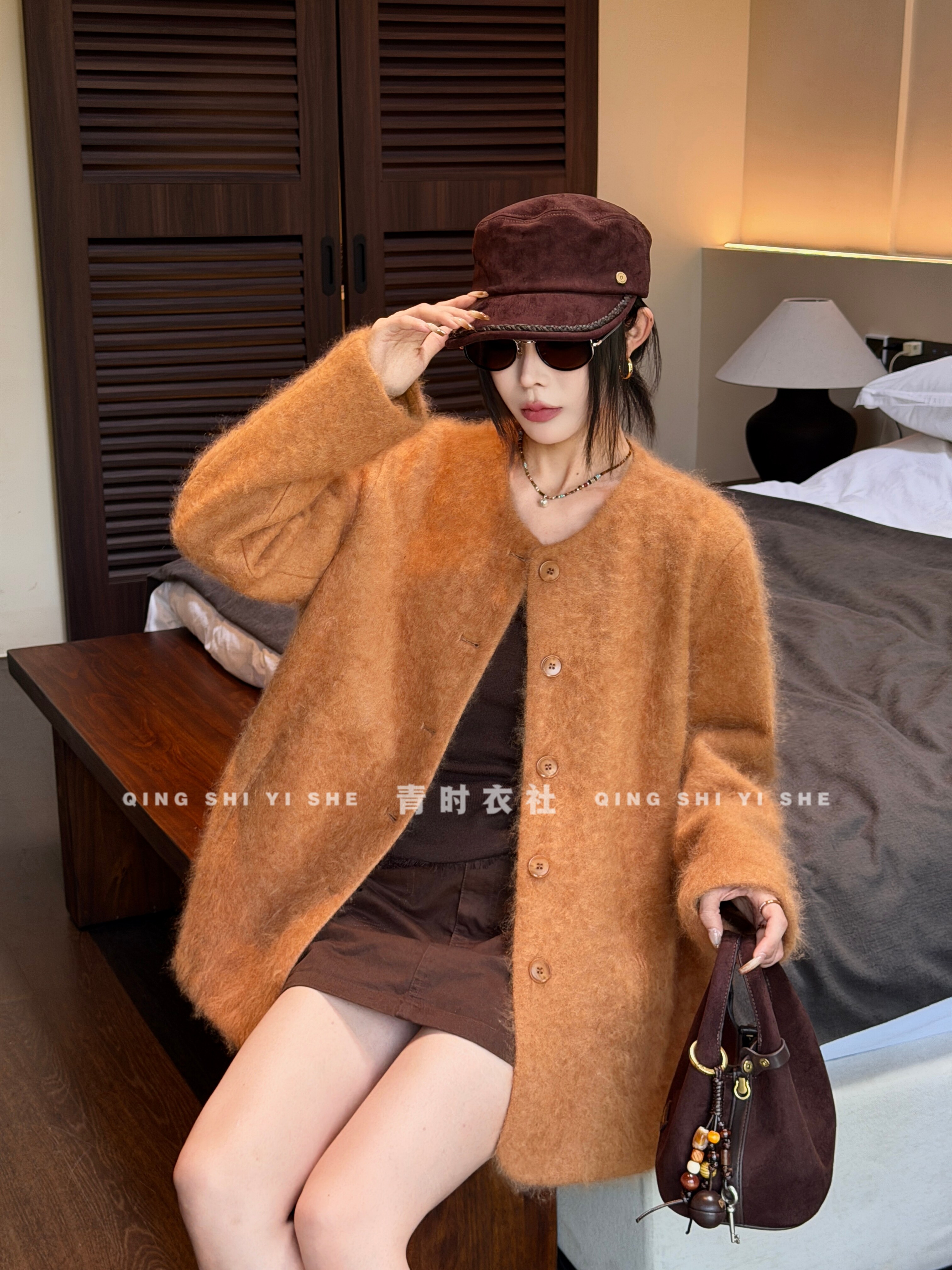 KK秋冬韩版中长款羊毛拉绒外套女