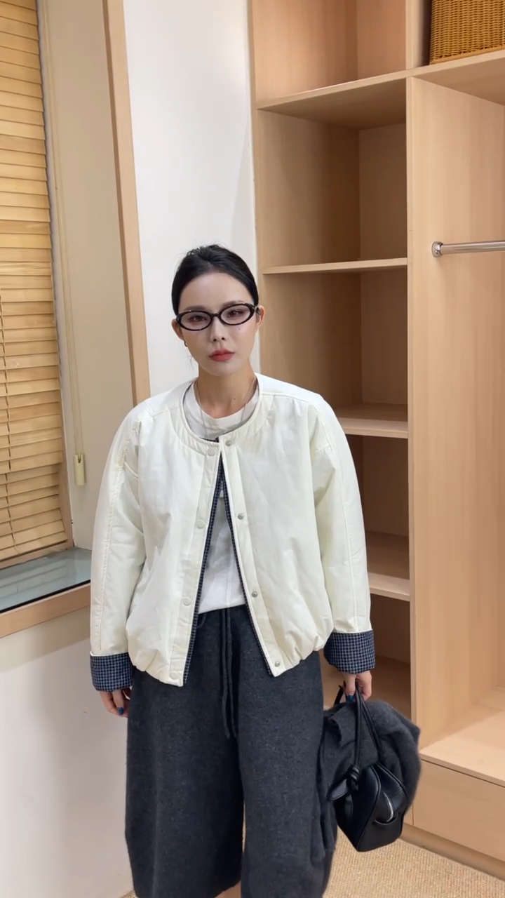 韩版时尚百搭圆领夹棉外套女秋冬新款宽松休闲格纹拼接上衣潮5826