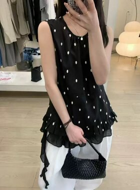 韩版波点木耳下摆麻料背心女夏季新款百搭宽松显瘦无袖上衣9811