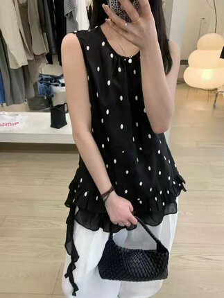 韩版波点木耳下摆麻料背心女夏季新款百搭宽松显瘦无袖上衣9811